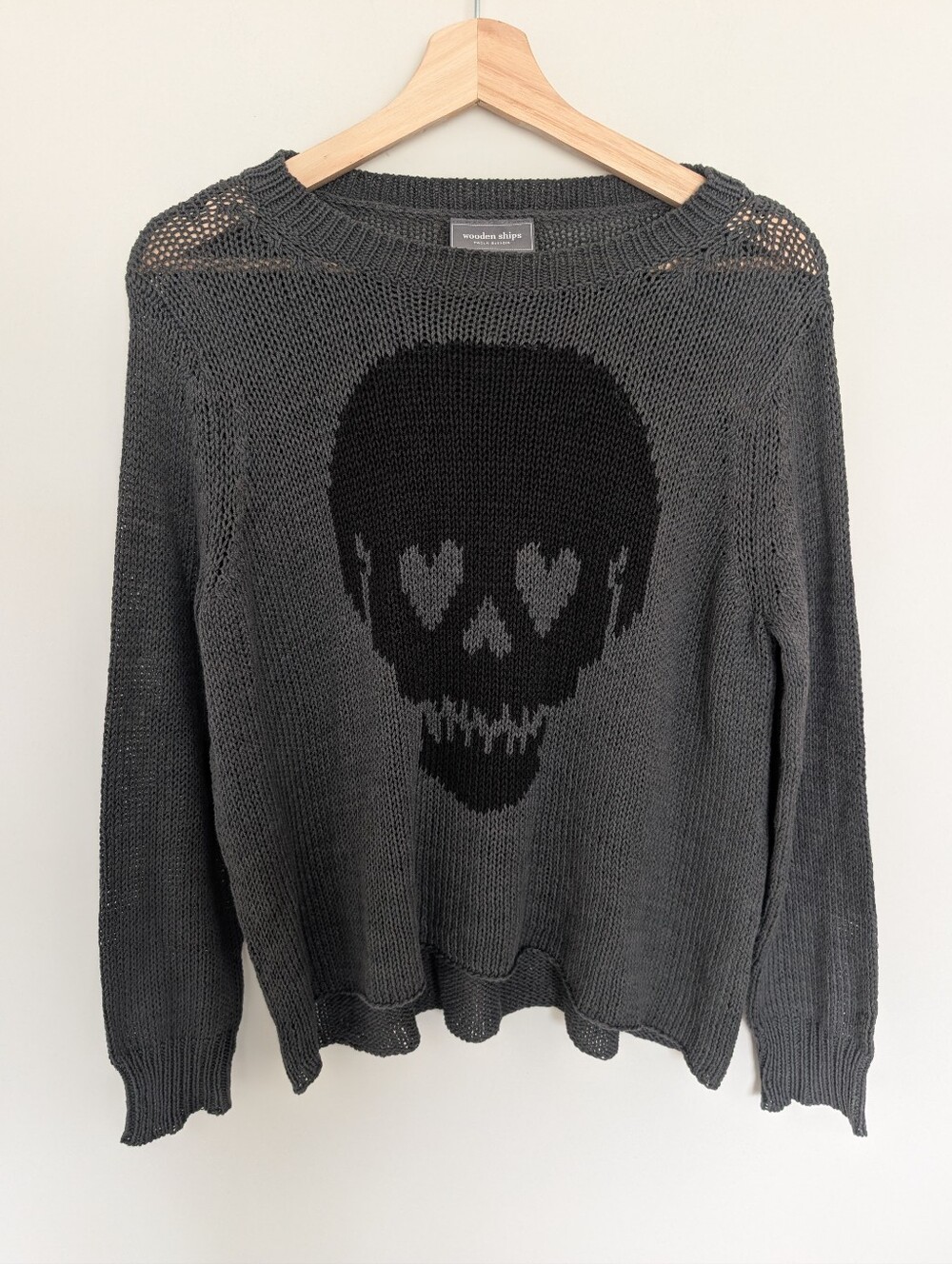 Wooden Ships Women's Gray Skull Heart Eye Sweater Cotton Blend Knit XS/Small